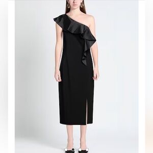 Michael Kors COLLECTION Black One Shoulder Ruffled Midi Dress with Slit Size 6